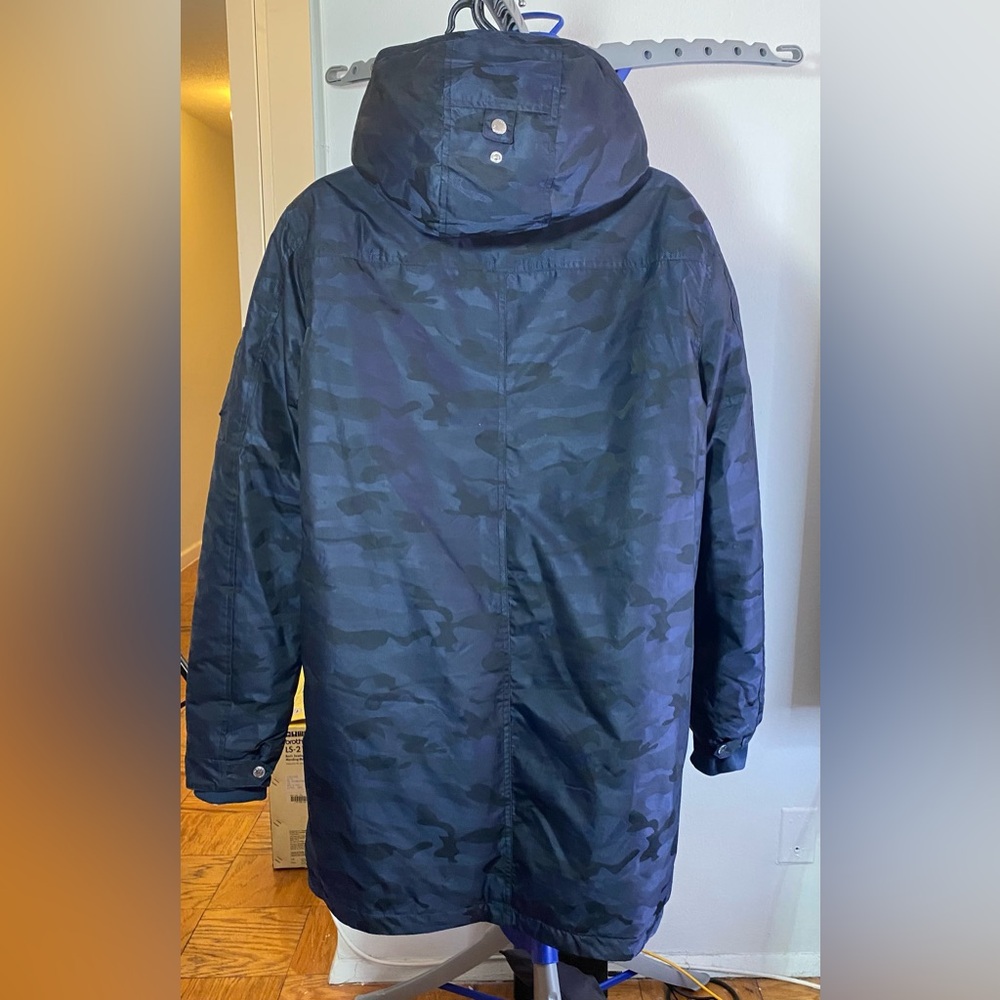 💙Slate & Stone Long Hooded Parka Coat Blue Black Camo Size L - Picture 11 of 15
